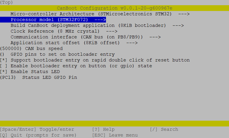 STM32F072 CanBoot Menu Config CAN