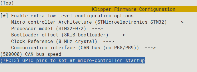 STM32F072 Klipper Menu Config CAN