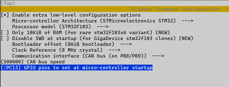 STM32F103 Klipper Menu Config CAN